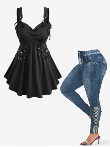Straps Buckle Grommet Ruched Solid Top and Ombre Denim Print Leggings Plus Size Outfit - BLACK