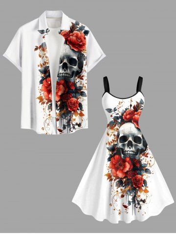 Halloween Costume Skull Flower Leaf Print Plus Size Matching Outfit For Couples - WHITE