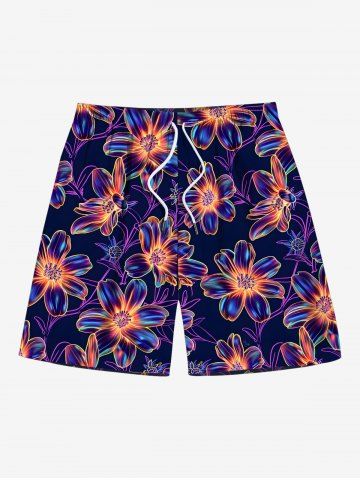 Plus Size Glitter Ombre Flower Print Hawaii Drawstring Pocket Beach Shorts For Men - BLACK - 4XL