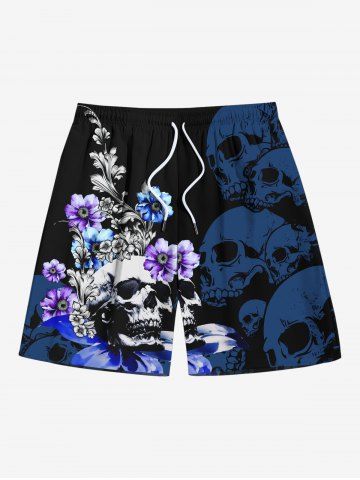 Plus Size Skull Flower Leaf Branch Print Hawaii Drawstring Pocket Beach Shorts For Men - BLACK - 3XL
