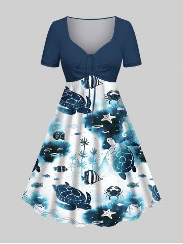 Plus Size Turtle Crab Fish Sea Creature Pritn Cinched Hawaii Dress - DEEP BLUE - XS