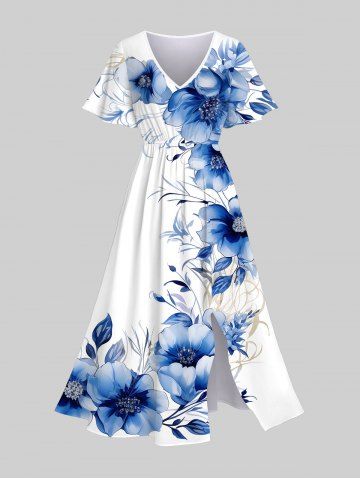 Plus Size Flowers Leaf Print Split Hawaii Midi Dress - BLUE - XXS