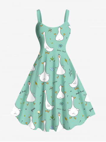 Plus Size Goose Flowers Dragonfly Wheat Print Hawaii Tank Dress - LIGHT GREEN - XXS