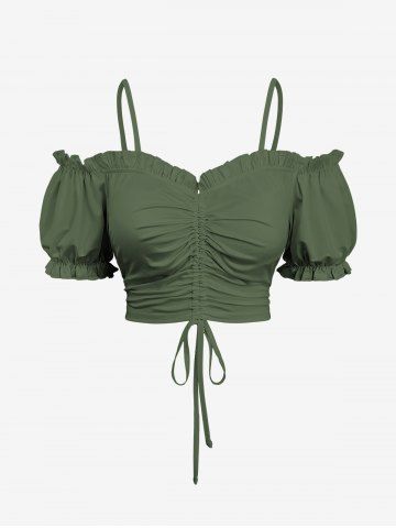 Plus Size Cinched Ruched Ruffles Cold Shoulder Cami Top - DEEP GREEN - XS