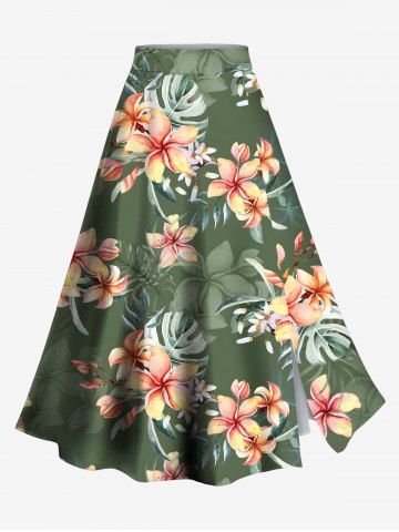 Plus Size Flowers Tropical Leaf Print Split Hawaii Skirt - GREEN - XS