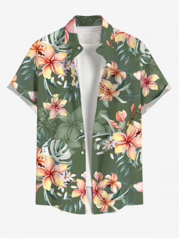 Plus Size Flowers Tropical Leaf Print Buttons Pocket Hawaii Shirt For Men - GREEN - S