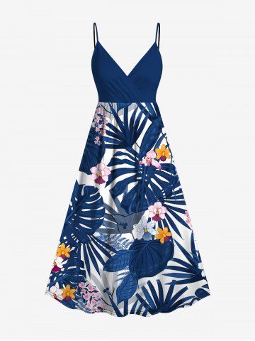 Plus Size Tropical Leaf Flowers Print Surplice Hawaii Cami Dress - BLUE - 5X