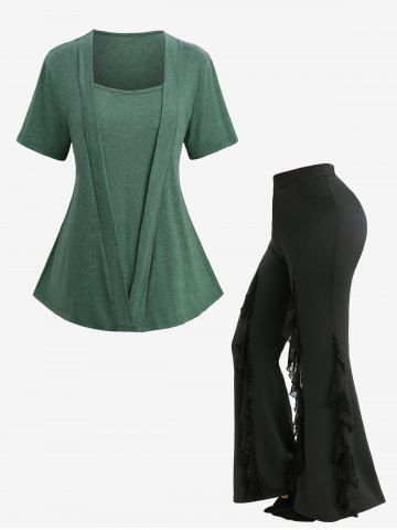 V Cut Patchwork Marled 2 in 1 Top and Spider Web Flocking Lettuce Flare Pants Plus Size Outfit - GREEN