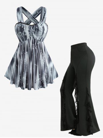 Bubble Ombre Glitter 3D Print Overlap Panel Tank Top and Spider Web Flocking Lettuce Flare Pants Plus Size Outfit - BLUE