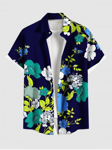 Plus Size Flower Leaf Branch Print Hawaii Button Pocket Shirt For Men
