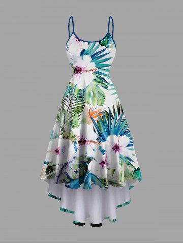 Plus Size Tropical Leaf Flowers Print High Low Hawaii Cami Dress - GREEN - L