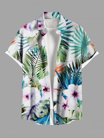 Plus Size Tropical Leaf Flowers Print Buttons Pocket Hawaii Shirt For Men - GREEN - S