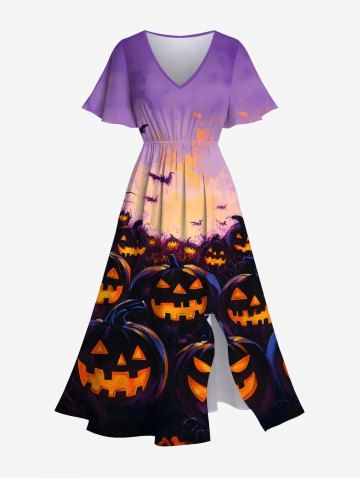 Plus Size Pumpkin Lantern Bat Galaxy Print Halloween Costume Split Pocket A Line Midi Dress - PURPLE - M