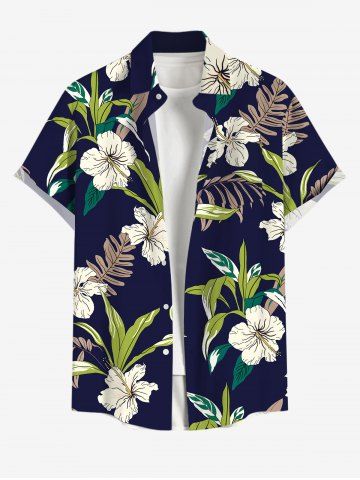 Plus Size Tropical Leaf Plant Hibiscus Flower Print Hawaii Button Pocket Shirt For Men - BLACK - L