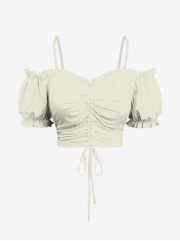 Plus Size Cold Shoulder Puff Sleeve Solid Cinched Top - CRYSTAL CREAM - 2X