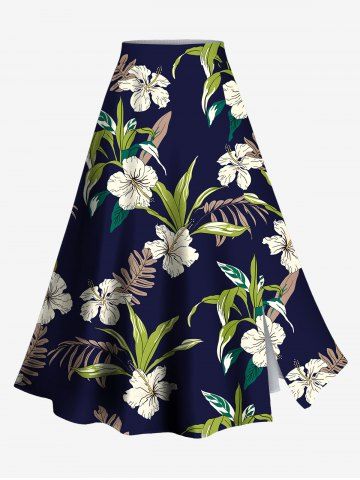 Plus Size Tropical Leaf Plant Hibiscus Flower Print Hawaii Split A Line Skirt - BLACK - L