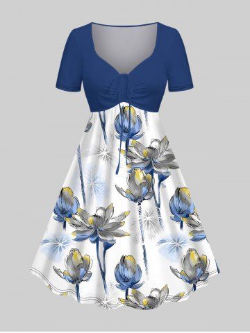 Plus Size Lotus Flower Print Hawaii Cinched A Line Dress - BLUE - XXS
