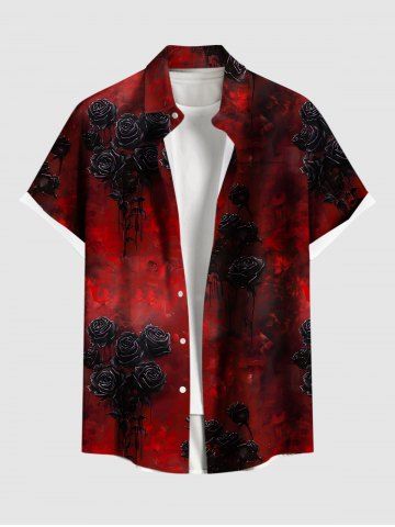 Plus Size Tie Dye Ombre Rose Flower Print Halloween Button Pocket Shirt For Men - RED - L