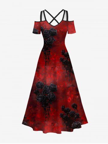 Plus Size Tie Dye Ombre Rose Flower Print Halloween Costume Cold Shoulder Crisscross A Line Maxi Dress - RED - 5X