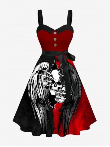 Plus Size Ink Painting Skull Ripped Two Tone Feather Wings Print Halloween Costume Button A Line Dress with Removable Belt - RED - 5X