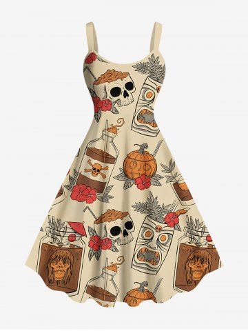 Plus Size Skull Flower Pumpkin Mask Print Halloween Costume A Line Tank Dress - LIGHT COFFEE - XXS