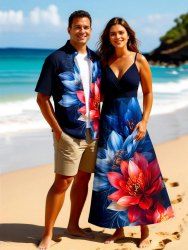 Tenue de plage hawaïenne assortie grande taille à imprimé floral pour couples - Bleu profond 