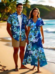 Tenue de plage hawaïenne assortie grande taille à imprimé fleurs d'hibiscus ombré pour couples - Bleu 