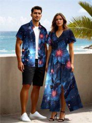 Hibiscus Flowers Light Spot Print Plus Size Matching Hawaii Beach Outfit For Couples -  
