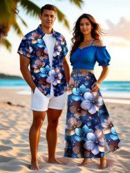 Glitter Ombre Flower Print Plus Size Matching Hawaii Beach Outfit For Couples -  