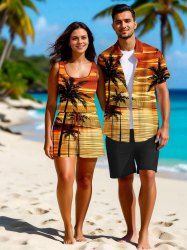 Ensemble chemise et barboteuse hawaïennes assorties, tenue de plage grande taille, imprimé cocotiers et paysage marin, pour couples - Orange 