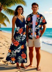 Tropical Leaf Hibiscus Flower Print Plus Size Matching Hawaii Beach Outfit For Couples -  