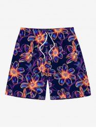 Plus Size Glitter Ombre Flower Print Hawaii Drawstring Pocket Beach Shorts For Men -  