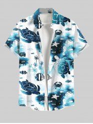 Plus Size Turtle Crab Fish Sea Creature Pritn Buttons Pocket Hawaii Shirt For Men -  