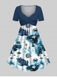 Robe hawaïenne cintrée grande taille à imprimé tortue, crabe, poisson et créature marine - Bleu profond 3X