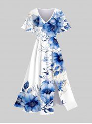 Robe mi-longue hawaïenne fendue à imprimé fleurs et feuilles grande taille - Bleu 6X