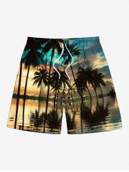 Short de plage hawaïen grande taille à imprimé cocotiers et paysage marin pour homme - Jaune L