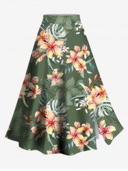 Plus Size Flowers Tropical Leaf Print Split Hawaii Skirt -  