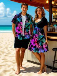 Colorful Ombre Hibiscus Flower Print Plus Size Matching Hawaii Beach Outfit For Couples -  