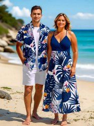 Tropical Leaf Flowers Print Plus Size Matching Hawaii Beach Outfit For Couples -  