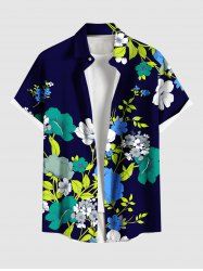 Plus Size Flower Leaf Branch Print Hawaii Button Pocket Shirt For Men -  