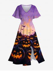 Plus Size Pumpkin Lantern Bat Galaxy Print Halloween Costume Split Pocket A Line Midi Dress -  