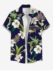 Plus Size Tropical Leaf Plant Hibiscus Flower Print Hawaii Button Pocket Shirt For Men -  