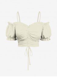 Plus Size Cold Shoulder Puff Sleeve Solid Cinched Top -  