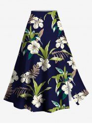 Jupe trapèze fendue hawaïenne grande taille à imprimé feuilles tropicales et fleurs d'hibiscus - Noir 5X