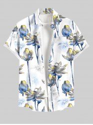 Plus Size Lotus Flower Print Hawaii Button Pocket Shirt For Men -  