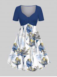 Robe trapèze cintrée hawaïenne grande taille à imprimé fleur de lotus - Bleu L