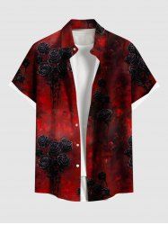 Plus Size Tie Dye Ombre Rose Flower Print Halloween Button Pocket Shirt For Men -  