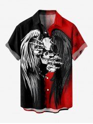 Plus Size Ink Painting Skull Ripped Two Tone Feather Wings Print Halloween Button Pocket Shirt For Men -  