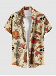 Chemise grande taille à imprimé tête de mort, fleur, citrouille, masque, Halloween, boutonnée, poche, pour homme - café lumière XL