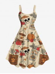 Plus Size Skull Flower Pumpkin Mask Print Halloween Costume A Line Tank Dress -  